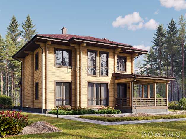 Проект двухэтажного деревянного дома с мастер-спальней и крытой террасой