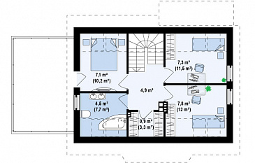 Проект одноэтажного мансардного дома из кирпича с открытой террасой над гаражом / План мансардного этажа