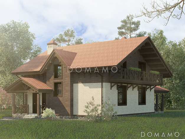 Проект одноэтажного дома из кирпича с мансардой и четырьмя спальнями