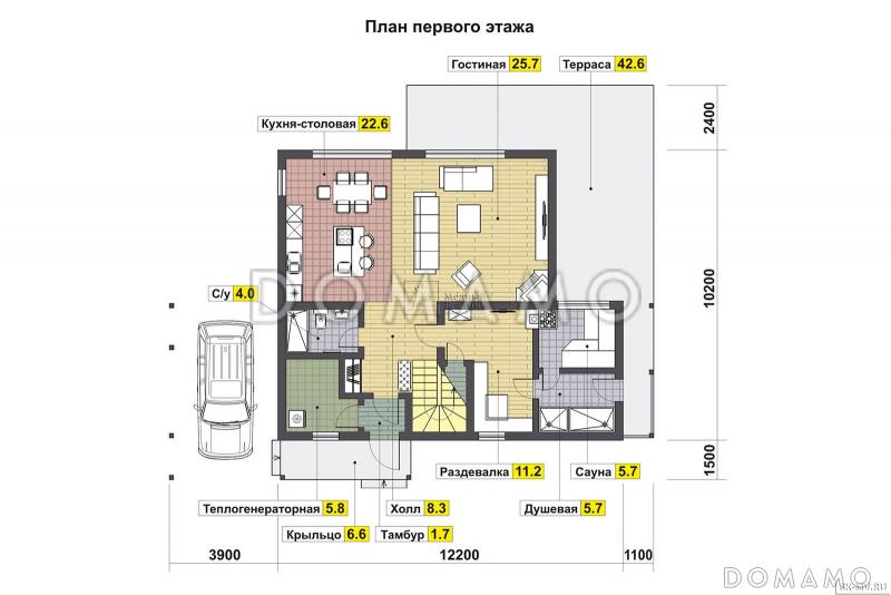 Проект каркасного дома с душевой в составе террасы / План 1 этажа