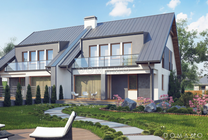 Проект мансардных домов-близнецов из газобетона с гаражом и слуховым окном