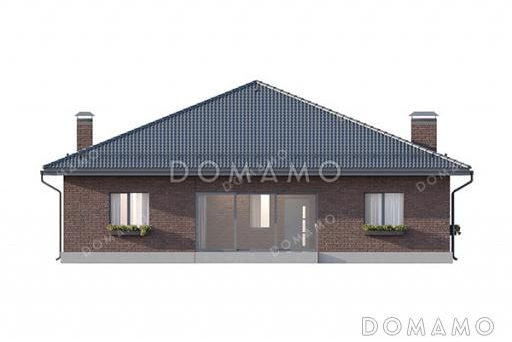 Проект большого одноэтажного дома с просторной зоной кухни-гостиной, крытой террасой, выделенной мастер-спальней и кабинетом / Фасад 4