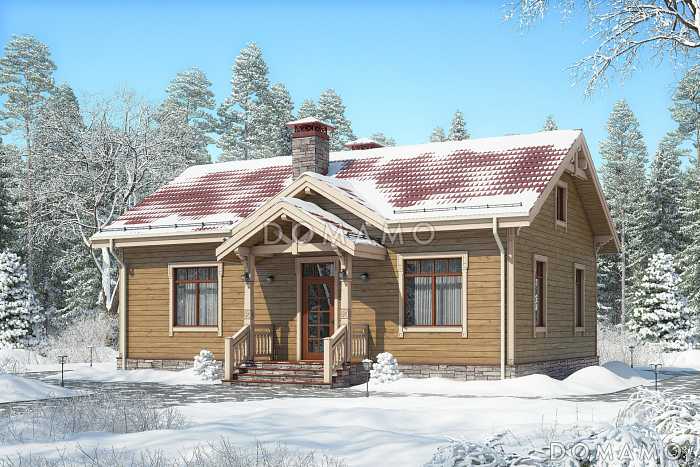 Проект дома по технологии ЛСТК с двумя спальнями, гостиной с кухней-столовой, техническим помещением, небольшим холлом и санузлом