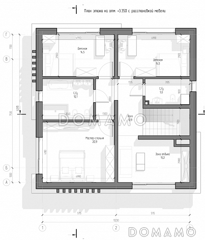 Проект двухэтажного дома с панорамными окнами, кабинетом, 3 спальнями, кухней-гостиной / План 2 этажа