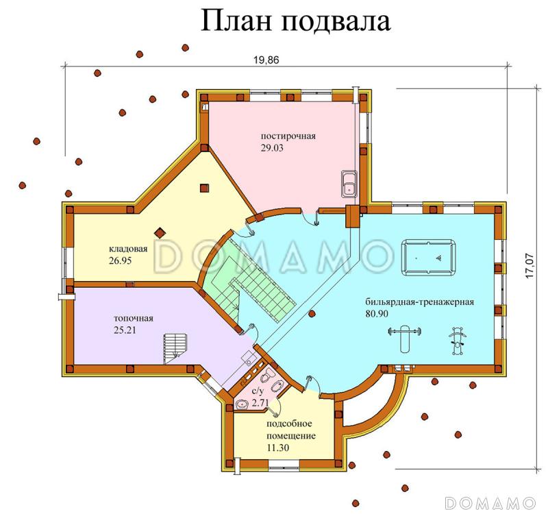 Проект двухэтажного дома с бильярдной и тренажерным залом на цокольном этаже / План цокольного этажа