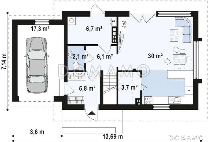 Проект компактного одноэтажного дома из газобетона с ночной зоной на мансардном этаже и с гаражом  / План 1 этажа