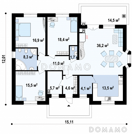 Проект одноэтажного дома из газобетона с зоной барбекю на террасе  / План 1 этажа