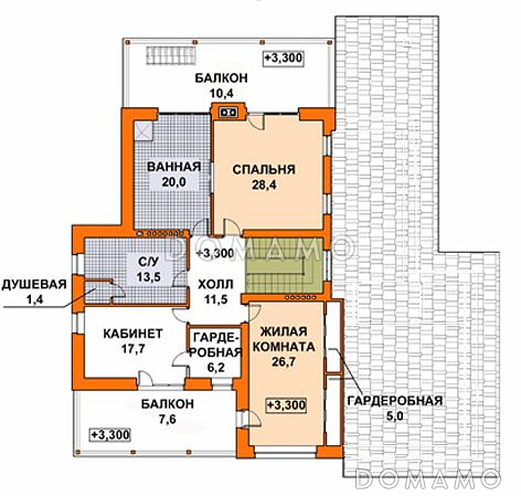 Проект дома с двускатной крышей, бассейном, зимним садом и небольшим подвалом / План мансардного этажа