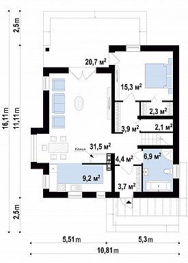 Проект одноэтажного дома из газобетона с мансардным этажом с прямоугольным эркером и балконом / План 1 этажа
