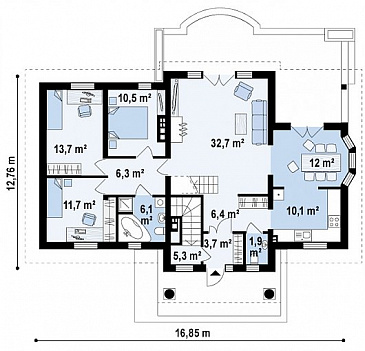 Проект одноэтажного дома из газобетона с цокольным этажом и со свободной планировкой на мансардном этаже / План 1 этажа