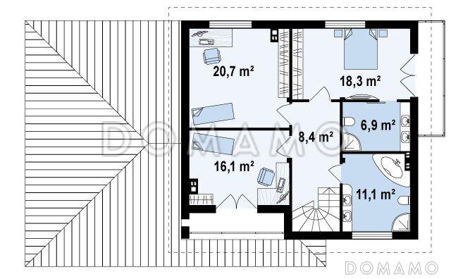 Проект двухэтажного дома из газобетона с эркером и балконом над ним, с тремя спальнями, кабинетом и двухместным гаражом / План 2 этажа