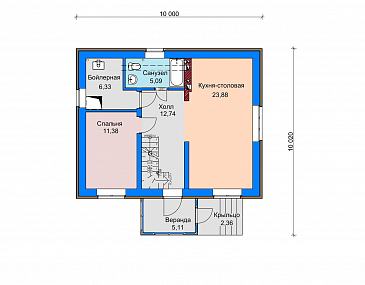 Проект загородного дома с небольшой верандой, спальней на первом этаже, совмещенной кухней-столовой / План 1 этажа