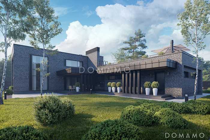 Проект кирпичного дома в стиле хай-тек с эксплуатируемой кровлей, вторым светом и просторной террасой