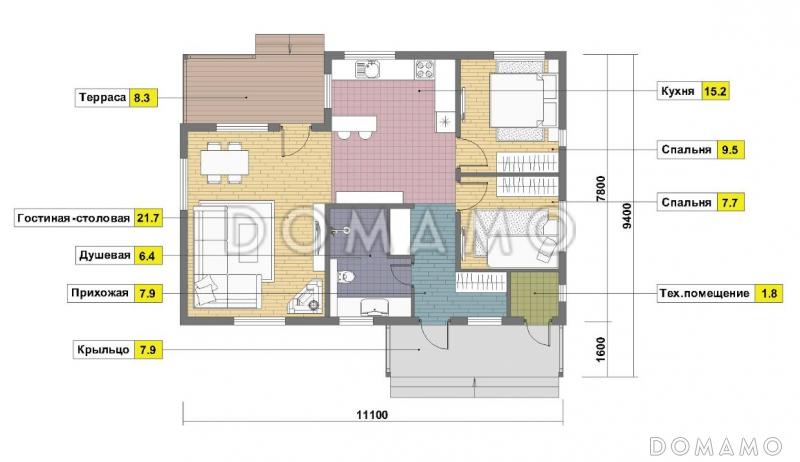 Проект одноэтажного каркасного дома с двумя спальнями и небольшой террасой / План 1 этажа