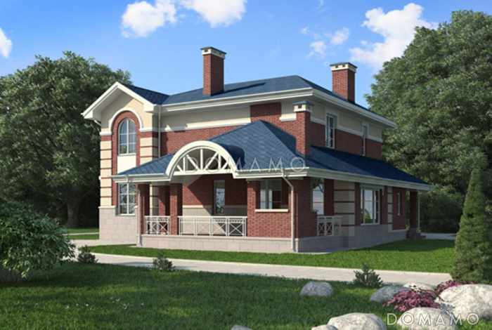 Проект дома с овальным холлом, террасой с барбекю, спальней на первом этаже, хозяйской ванной