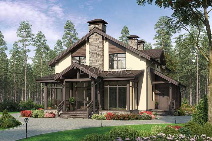 Проект дома с верандой c барбекю, кладовой под лестницей, парной и душевой, кабинетом и спальнями на мансардном этаже