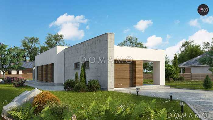 Проект современного одноэтажного дома из газобетона для узкого участка с плоской крышей с тремя спальнями и гаражом 