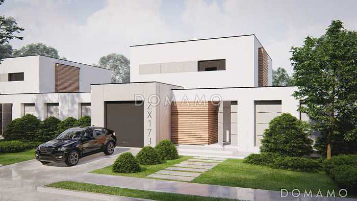 Проект загородного дома с плоской крышей, кладовой под лестницей, вытянутой ванной на втором этаже