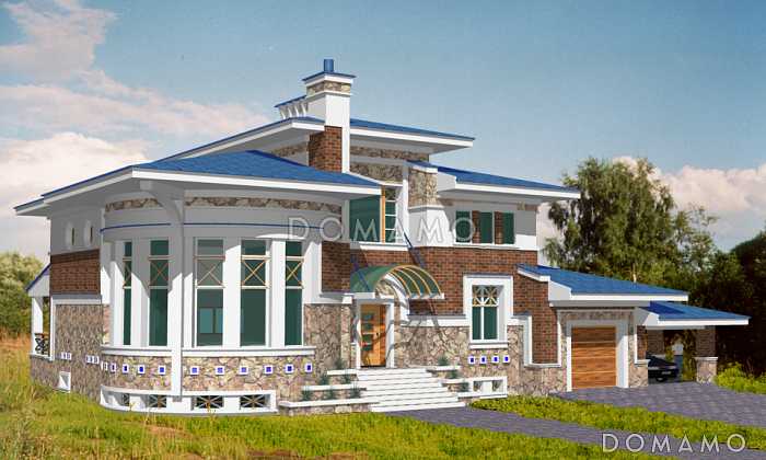 Проект коттеджа с круглой гостиной, гаражом и навесом