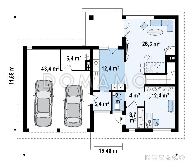Проект современного двухэтажного дома из кирпича с четырьмя спальнями, кабинетом и пристроенным гаражом на два автомобиля / План 1 этажа