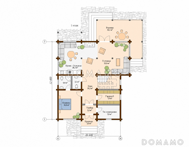 Проект деревянного дома с спальной комнатой на первом этаже / План 1 этажа