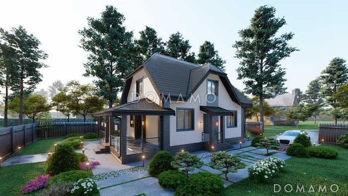 Проект мансардного дома с встроенной сауной, крытой террасой и кабинетом