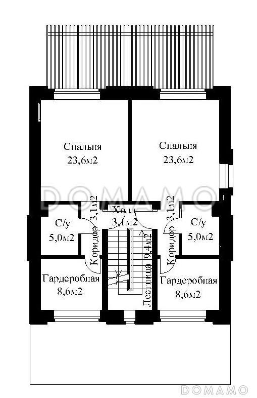 Проект жилого дома для сблокированного строительства на площадке с рельефом / План 2 этажа