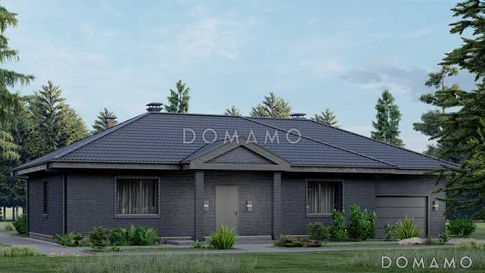 Проект одноэтажного дома с верандой, гаражом и тремя спальнями