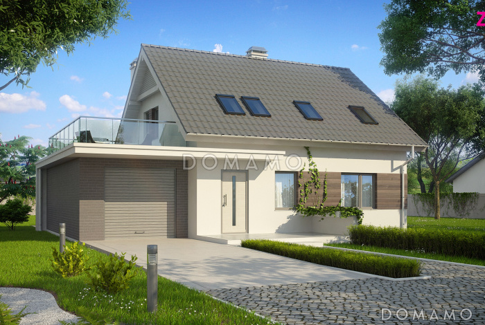 Проект одноэтажного мансардного дома из кирпича с гаражом и террасой над ним и с эркером в кухонной зоне