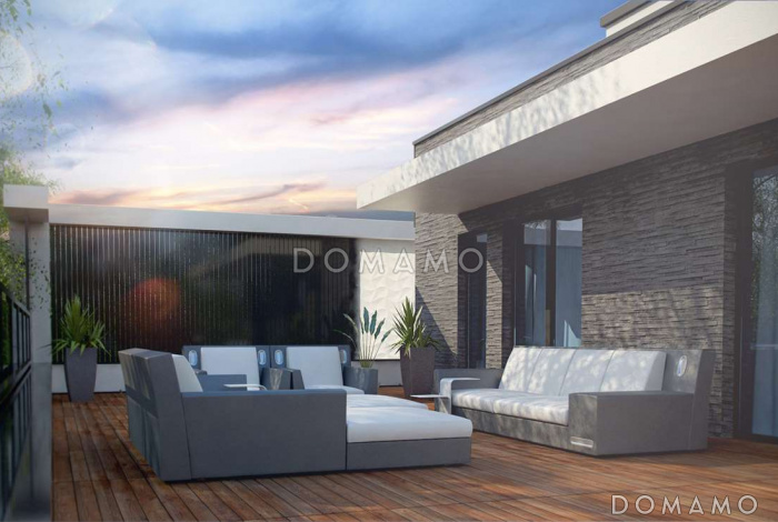 Проект современных мансардных домов-близнецов из кирпича с большим гаражом и открытой террасой на втором этаже