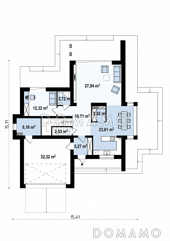 Проект красивого двухэтажного коттеджа из газобетона с террасами на втором уровне / План 1 этажа