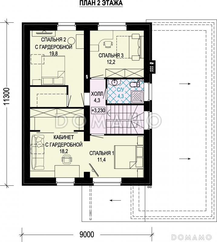 Проект двухэтажного газобетонного дома с гаражом и объединенной спальней, гардеробной и кабинетом / План 2 этажа