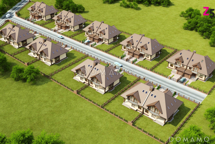 Проект двухэтажных домов-близнецов из кирпича с гаражом и чердаком