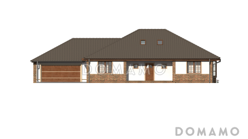 Проект одноэтажного дома из газобетона с мансардой, гаражом на два автомобиля и зоной барбекю на террасе  / Фасад 1