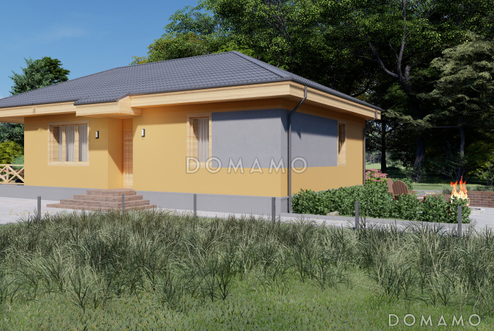 Проект одноэтажного каркасного дома с большой террасой и двумя спальнями