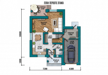 Проект дома с 3 спальнями и кабинетом на мансарде, гаражом и террасой / План 1 этажа