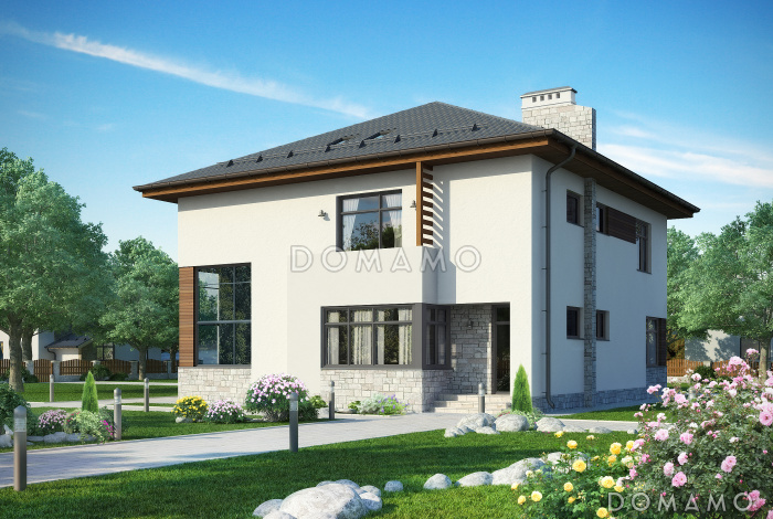 Проект двухэтажного дома с облицовкой штукатуркой