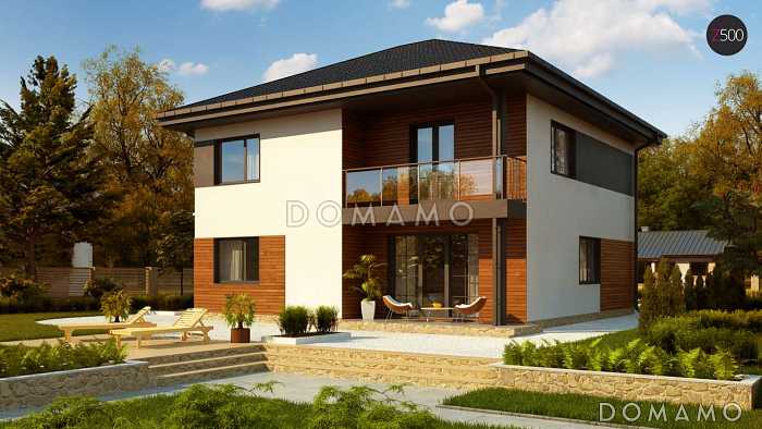 Проект современного двухэтажного дома из кирпича с пятью комнатами и балконом