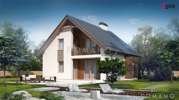 Проект одноэтажного дома из кирпича с мансардным этажом с прямоугольным эркером и балконом