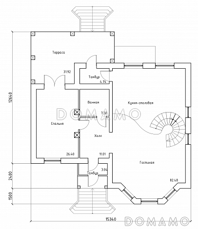 Проект двухэтажного дома с эркером и цокольным этажом, с винтовой лестницей / План 1 этажа