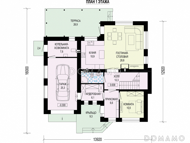 Проект двухэтажного дома с гаражом, котельной-хозкомнатой, террасой / План 1 этажа