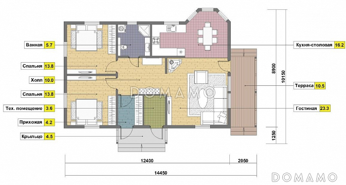 Проект одноэтажного каркасного дома с эркером и небольшой крытой террасой / План 1 этажа