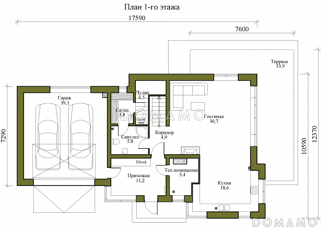 Проект трехэтажного дома в стиле хай-тек с гаражом на две машины и балконом над ним / План 1 этажа