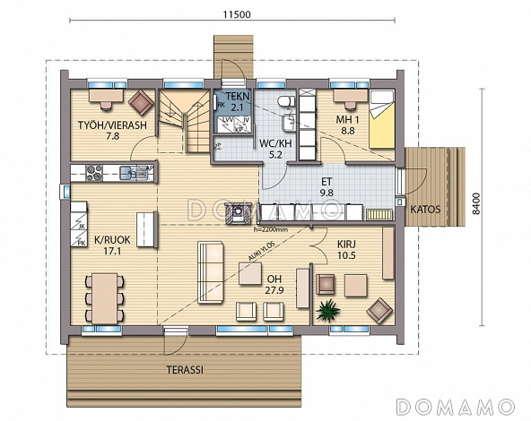 Проект каркасного дома с открытой террасой / План 1 этажа