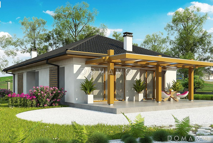 Проект одноэтажного дома из газобетона с тремя спальнями и крытой террасой