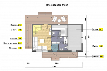 Проект бани из газобетонных блоков с угловой крытой террасой, сараем и мансардным этажом / План 1 этажа