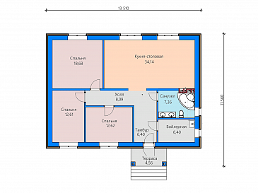 Проект загородного дома из газобетона с большой кухней-столовой, тремя спальнями / План 1 этажа