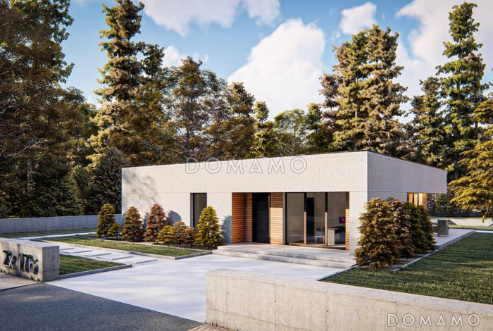 Проект одноэтажного дома с плоской крышей, террасами, большой спальней с гардеробными и ванной