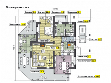 Проект дома с большой открытой террасой, навесом на одну машину, вторым светом, террасой и балконом на мансардном этаже / План 1 этажа