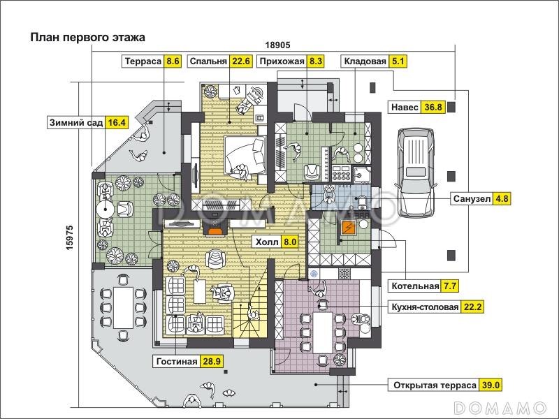 Проект дома с большой открытой террасой, навесом на одну машину, вторым светом, террасой и балконом на мансардном этаже / План 1 этажа